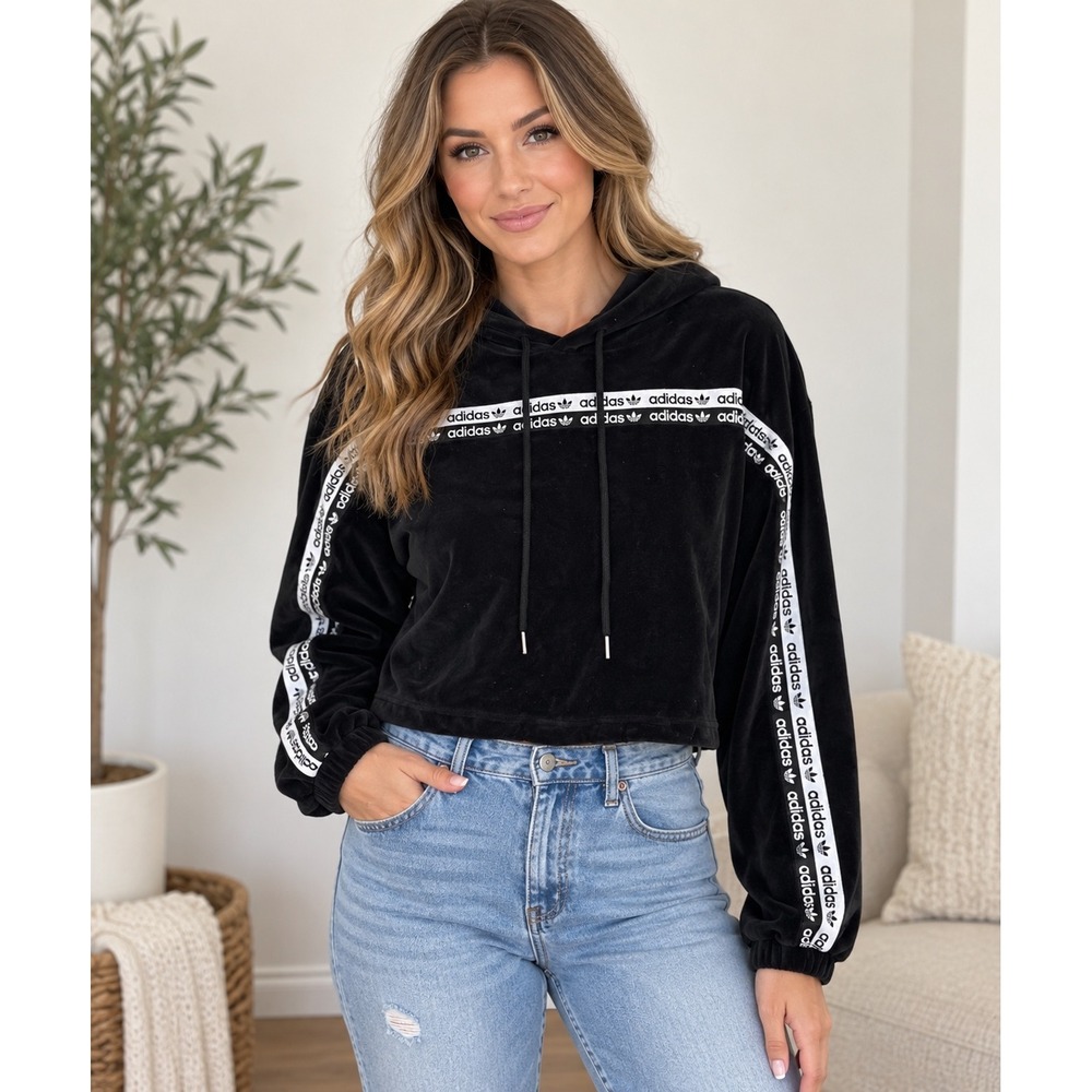 Adidas Originals Black Velour Cropped Hoodie Logo Tape Women's Medium